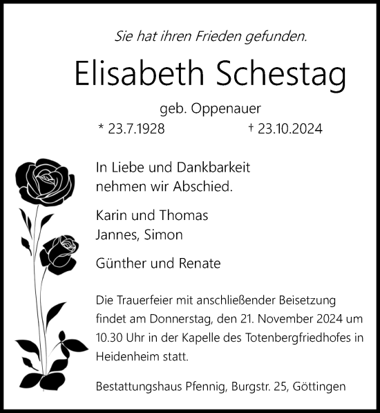 Traueranzeige von Elisabeth Schestag von Göttinger Tageblatt