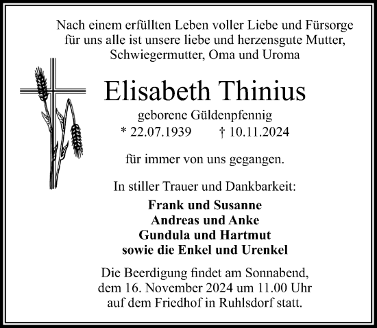 Traueranzeige von Elisabeth Thinius von Märkischen Allgemeine Zeitung