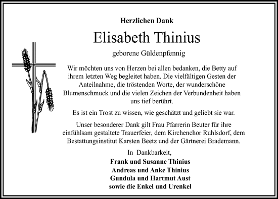 Traueranzeige von Elisabeth Thinius von Märkischen Allgemeine Zeitung