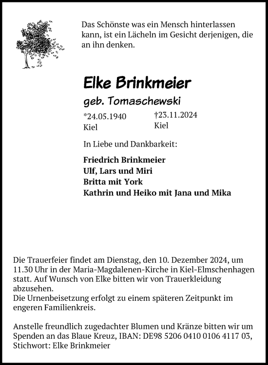 Traueranzeige von Elke Brinkmeier von Kieler Nachrichten