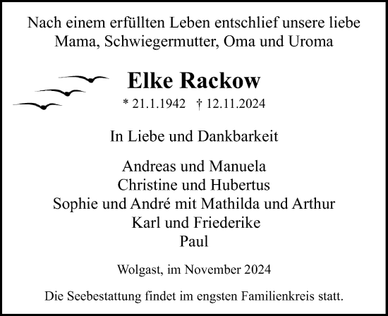 Traueranzeige von Elke Rackow von Ostsee-Zeitung GmbH