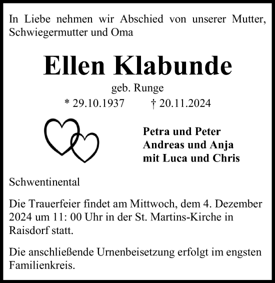 Traueranzeige von Ellen Klabunde von Kieler Nachrichten