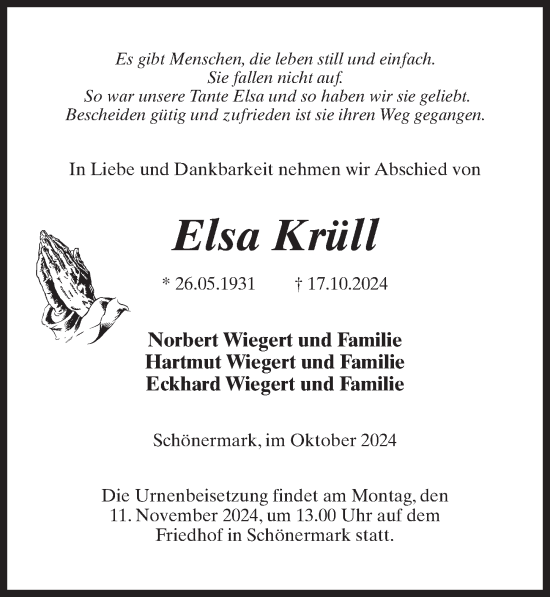 Traueranzeige von Elsa Krüll von Wochenspiegel