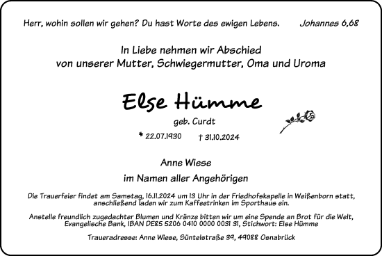 Traueranzeige von Else Hümme von Göttinger Tageblatt