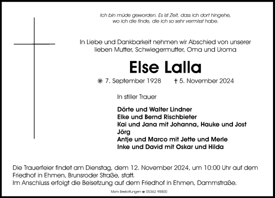 Traueranzeige von Else Lalla von Aller Zeitung