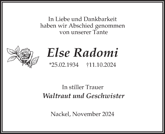 Traueranzeige von Else Radomi von Wochenspiegel