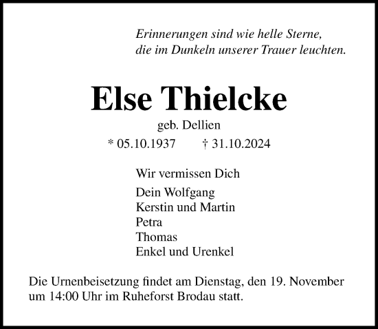 Traueranzeige von Else Thielcke von Lübecker Nachrichten