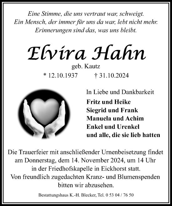 Traueranzeige von Elvira Hahn von Aller Zeitung