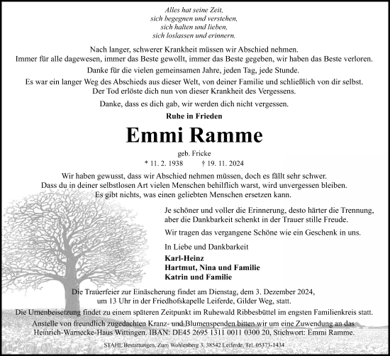 Traueranzeige von Emmi Ramme von Aller Zeitung