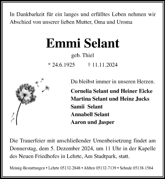 Traueranzeige von Emmi Selant von Hannoversche Allgemeine Zeitung/Neue Presse