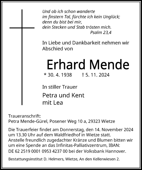 Traueranzeige von Erhard Mende von Hannoversche Allgemeine Zeitung/Neue Presse