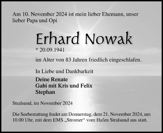 Traueranzeige von Erhard Nowak von Ostsee-Zeitung GmbH