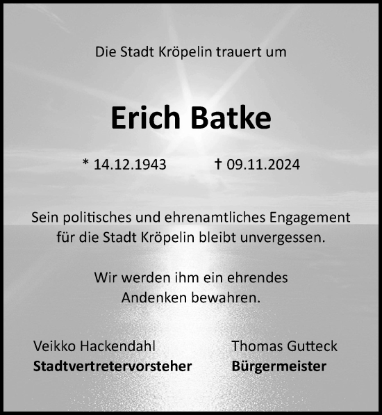 Traueranzeige von Erich  Batke von Ostsee-Zeitung GmbH