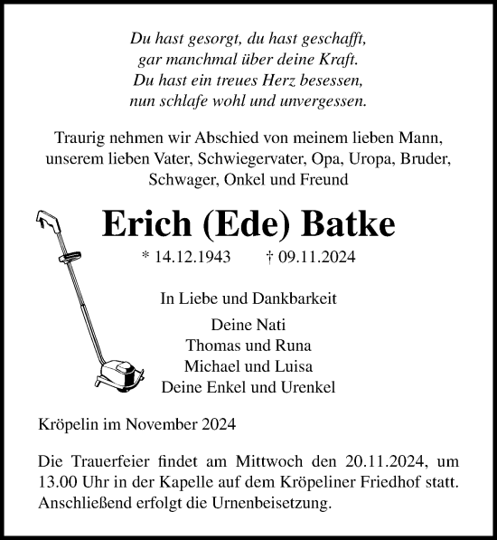 Traueranzeige von Erich  Batke von Ostsee-Zeitung GmbH