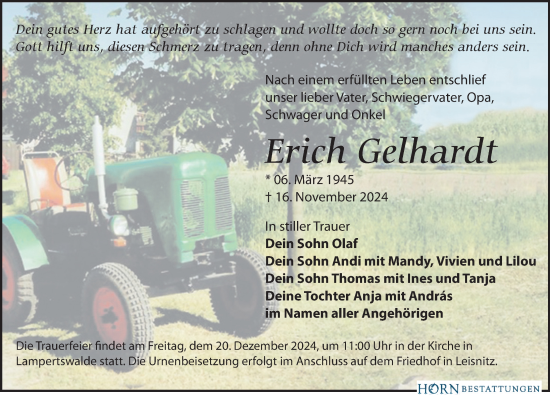 Traueranzeige von Erich Gelhardt von Leipziger Volkszeitung