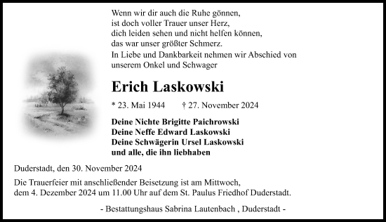 Traueranzeige von Erich Laskowski von Eichsfelder Tageblatt