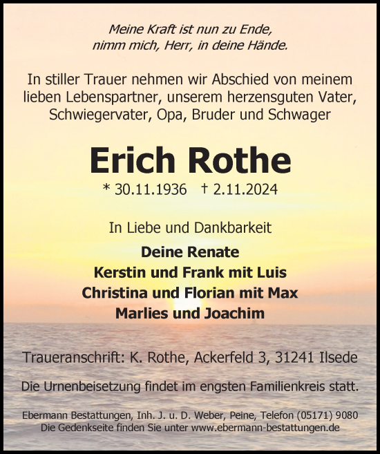 Traueranzeige von Erich Rothe von Peiner Allgemeine Zeitung