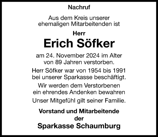 Traueranzeige von Erich Söfker von Schaumburger Nachrichten und Schaumburger Zeitung/ Landes-Zeitung