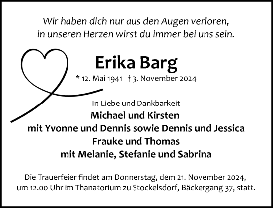 Traueranzeige von Erika Barg von Lübecker Nachrichten