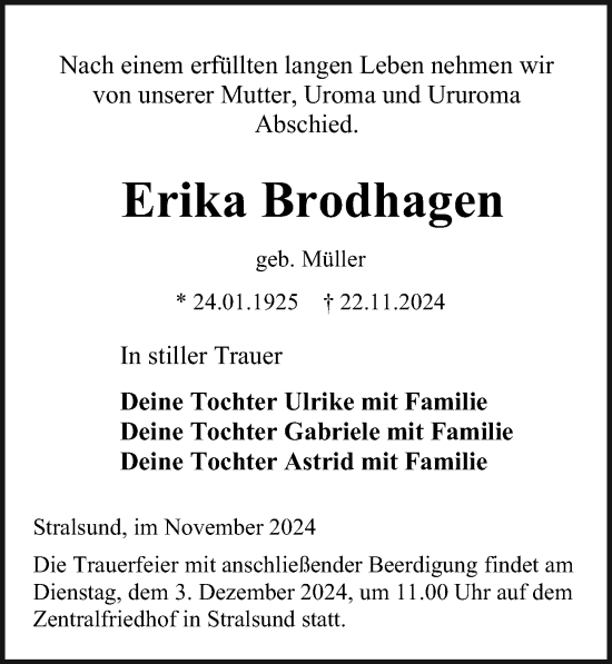 Traueranzeige von Erika Brodhagen von Ostsee-Zeitung GmbH