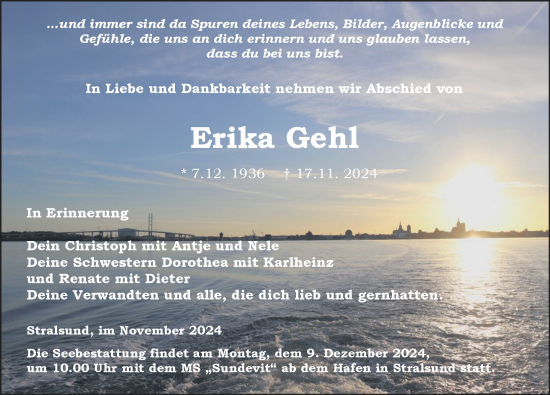 Traueranzeige von Erika Gehl von Ostsee-Zeitung GmbH