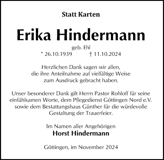 Traueranzeige von Erika Hindermann von Göttinger Tageblatt