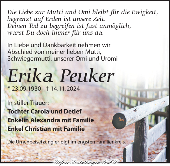 Traueranzeige von Erika Peuker von Torgauer Zeitung