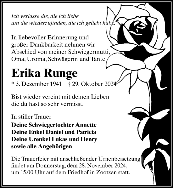 Traueranzeige von Erika Runge