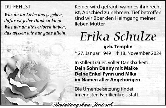 Traueranzeige von Erika Schulze von Leipziger Volkszeitung