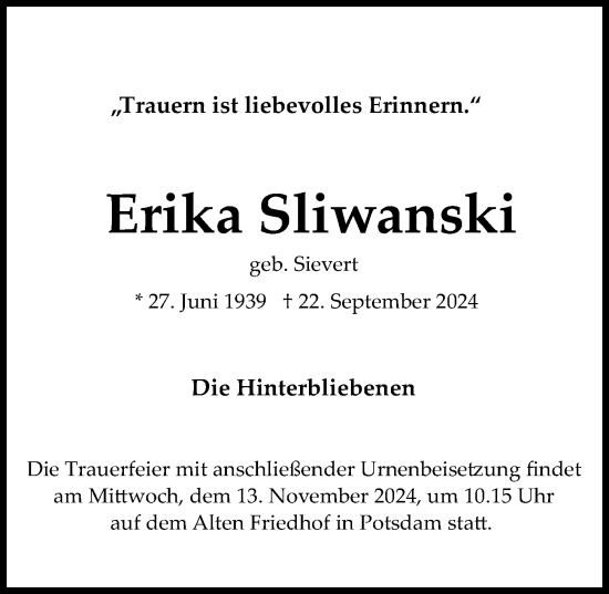 Traueranzeige von Erika Sliwanski von Märkischen Allgemeine Zeitung