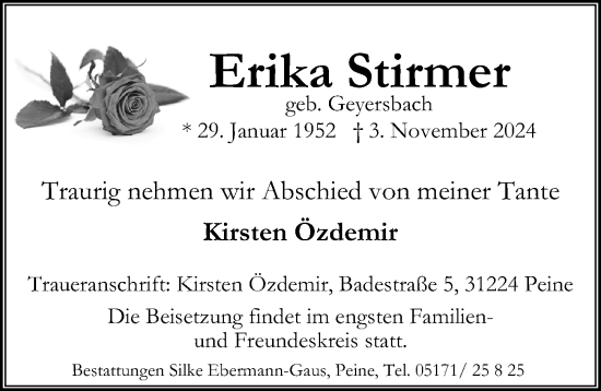 Traueranzeige von Erika Stirmer von Peiner Allgemeine Zeitung