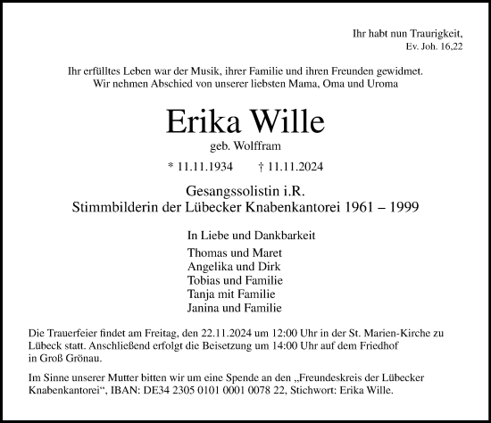 Traueranzeige von Erika Wille von Lübecker Nachrichten