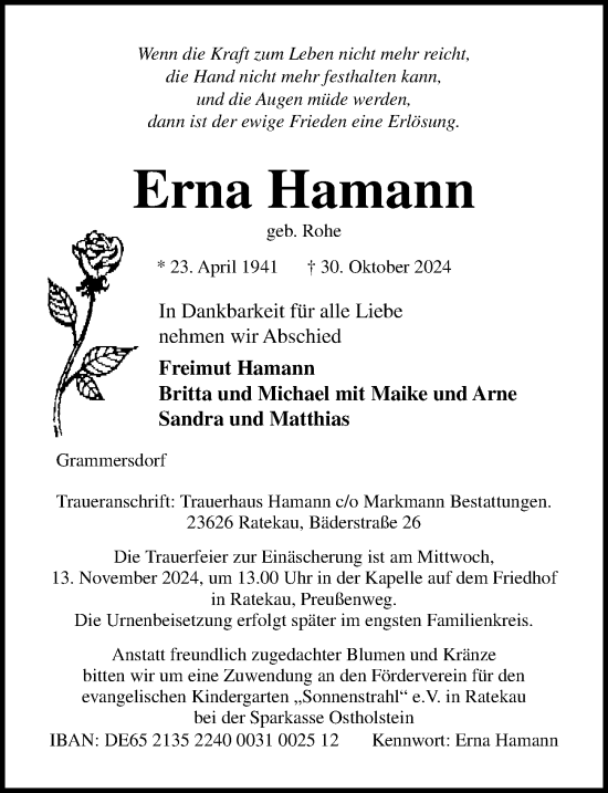 Traueranzeige von Erna Hamann von Lübecker Nachrichten