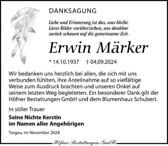 Traueranzeige von Erwin Märker von Torgauer Zeitung