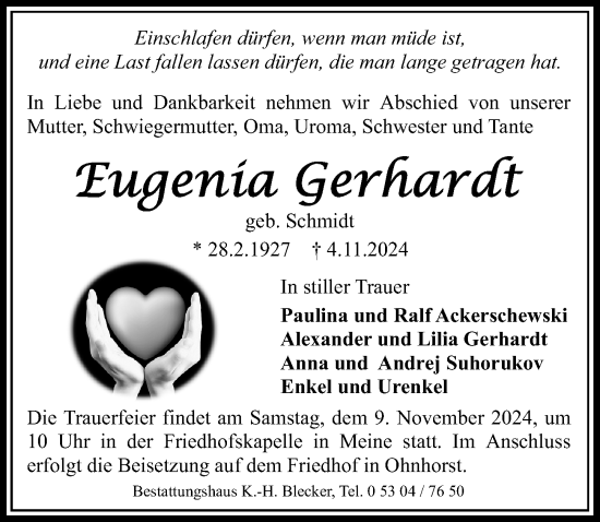 Traueranzeige von Eugenia Gerhardt von Aller Zeitung