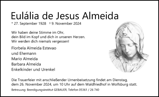 Traueranzeige von Eulalia de Jesus Almeida von Aller Zeitung