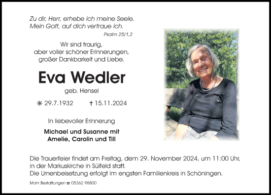 Traueranzeige von Eva Wedler von Aller Zeitung