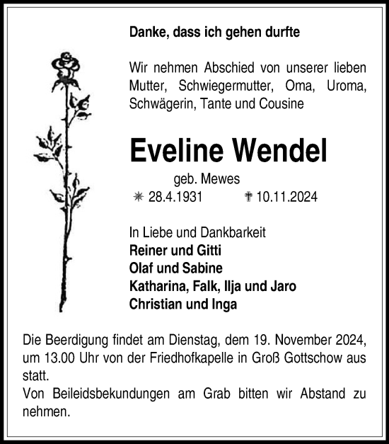 Traueranzeige von Eveline Wendel von Wochenspiegel