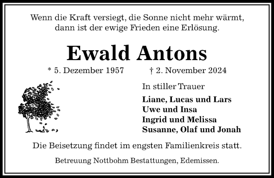 Traueranzeige von Ewald Antons von Peiner Allgemeine Zeitung