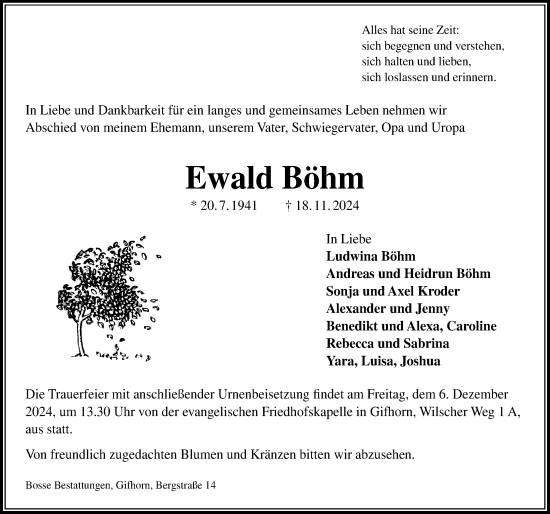 Traueranzeige von Ewald Böhm von Aller Zeitung