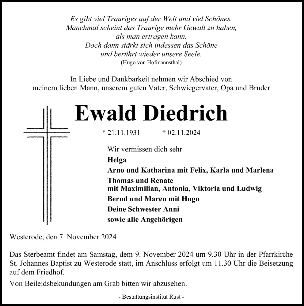  Traueranzeige für Ewald Diedrich vom 07.11.2024 aus Eichsfelder Tageblatt