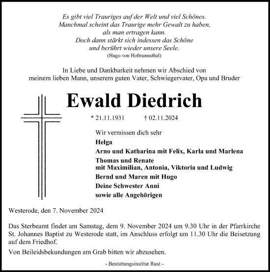 Traueranzeige von Ewald Diedrich von Eichsfelder Tageblatt