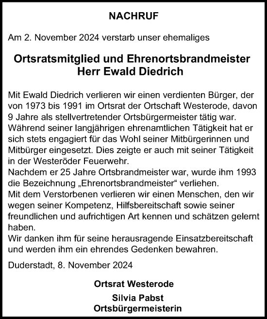 Traueranzeige von Ewald Diedrich von Eichsfelder Tageblatt