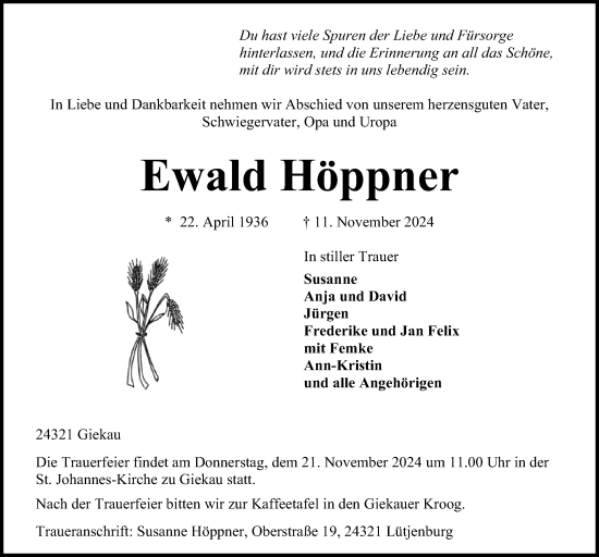 Traueranzeige von Ewald Höppner von Kieler Nachrichten