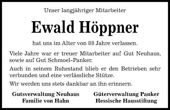 Traueranzeige von Ewald Höppner von Kieler Nachrichten