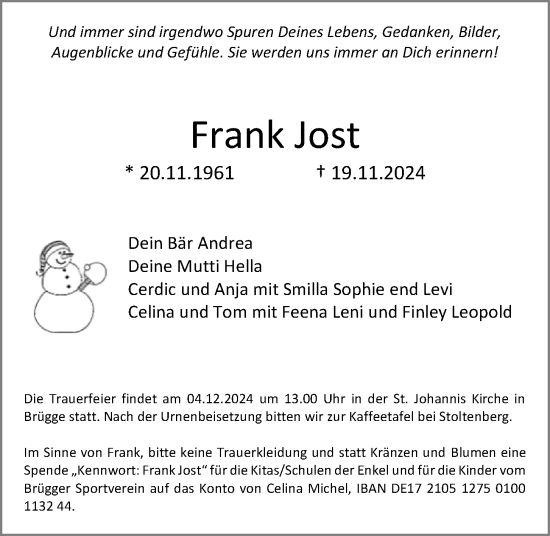 Traueranzeige von Frank Jost von Kieler Nachrichten