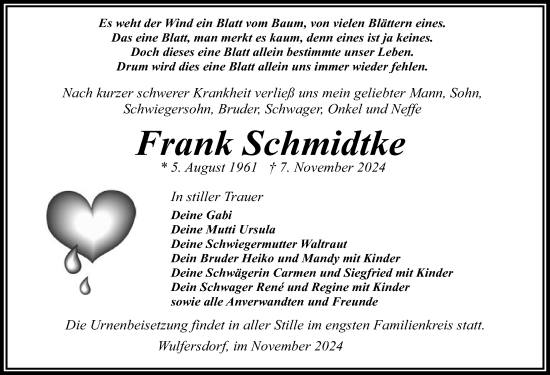 Traueranzeige von Frank Schmidtke von Wochenspiegel