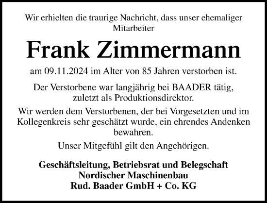 Traueranzeige von Frank Zimmermann von Lübecker Nachrichten