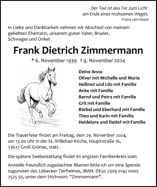 Traueranzeige von Frank Dietrich Zimmermann von Lübecker Nachrichten