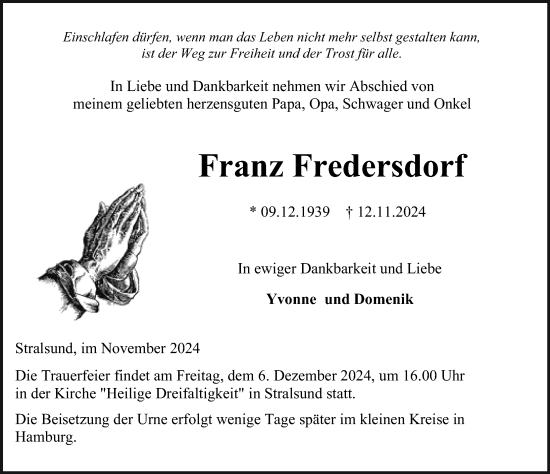 Traueranzeige von Franz Fredersdorf von Ostsee-Zeitung GmbH